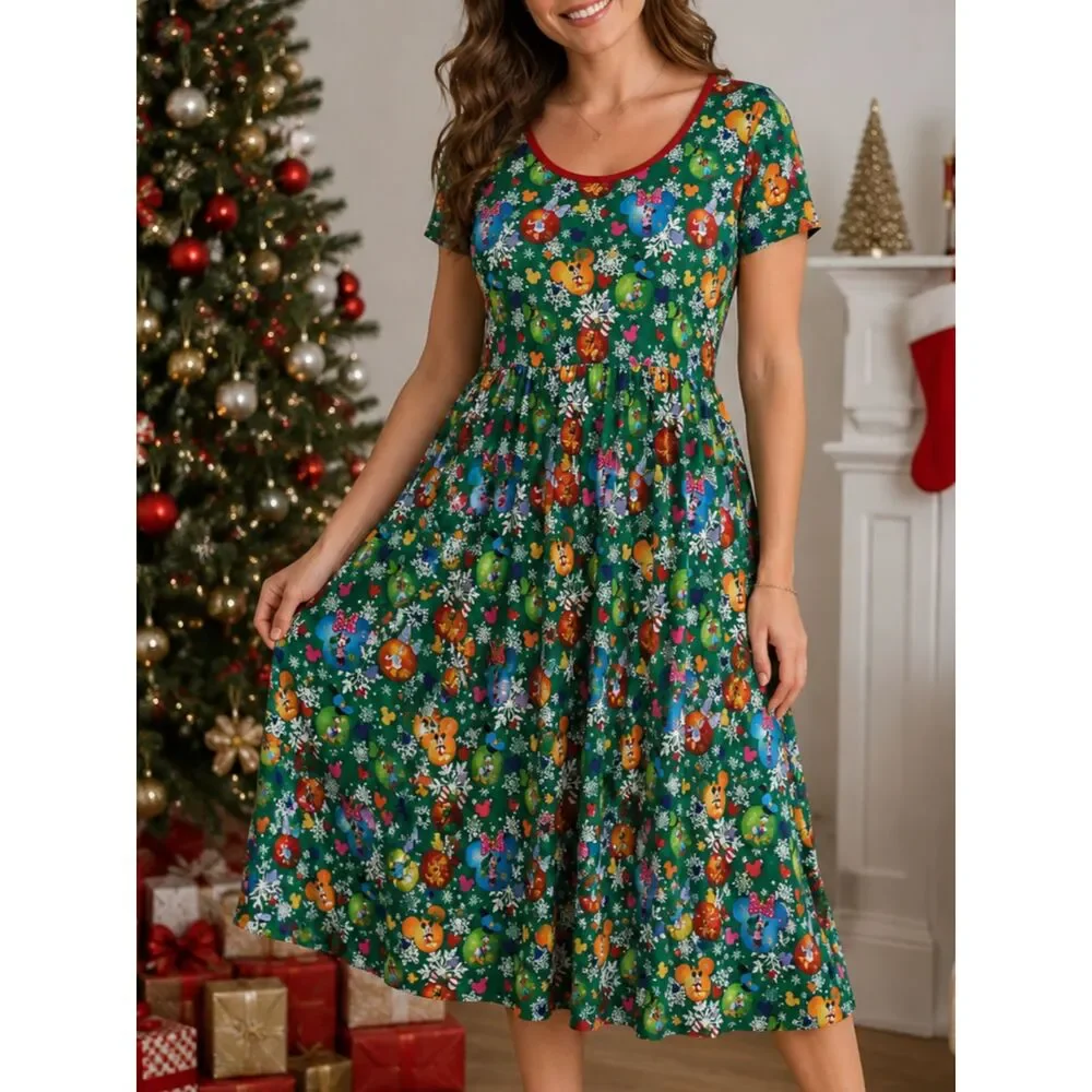Disney Christmas Character Skater Dress Green Snowflake Minnie Mickey Women Disney Christmas Character Skater Dress Green Snowflake Minnie Mickey Women